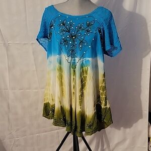 Sunflower Women's Blue, Yellow & Olive Green Free Size Short Sleeve Dress